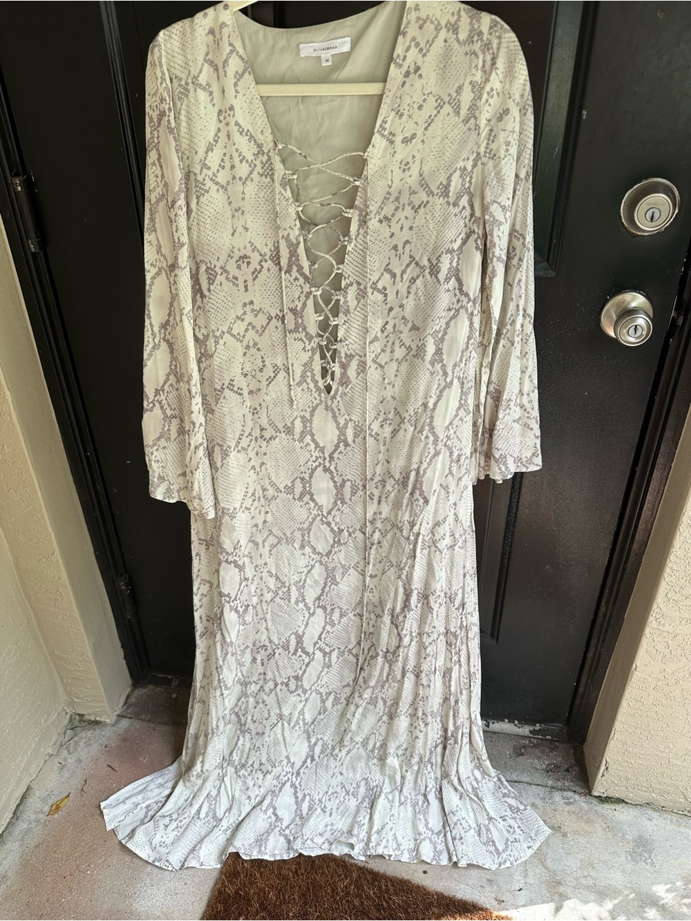 Olivaceous Cream and Gray Snake-Print Lace-Up Maxi Coverup